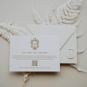 Rococo In Lieu of Favors Card, Donation Card, Ornate Gold Crest In Lieu of Gifts Enclosure, QR Code Donation, Wedding Table Decor, SN1050G_I