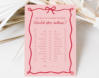 Would She Rather Game, How well do you know the bride, Bridal Shower Games Template, Whimsical Red Pink Hand drawn, Wavy Hen's Party, SN800