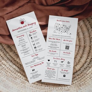 May include: Wedding program card with a red cherry illustration. The card includes a timeline of the wedding day, a list of important people, and a map of the United States showing where the guests came from. The text on the card reads "Samantha and Gregory" and "September 21, 2026".