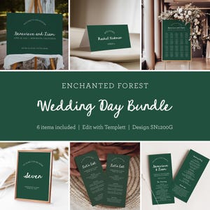 Pacchetto per il giorno delle nozze nella foresta incantata, pacchetto di cancelleria verde foresta, menu, programmi, planimetrie dei posti a sedere, segnaposto e altro, SN1200G_WDB