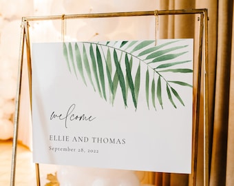 Minimalist Tropical Wedding Welcome Sign, Palm Leaves Welcome, Modern Welcome Poster, Printable Welcome Sign Template, 5 Sizes, SN090F_W