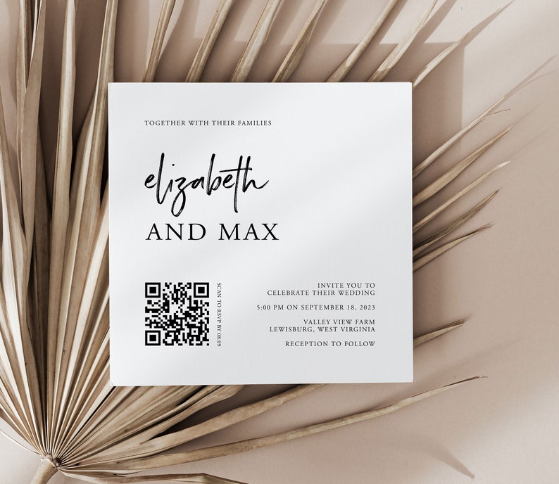 Square QR Code Wedding Invitation Modern Script Wedding | Etsy