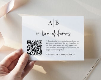 Modern Initials In Lieu of Favors Insert Card with QR Code, Charity Donation, Monogram Enclosure, Charity Favor, Wedding Donation,SN015M_ILQ