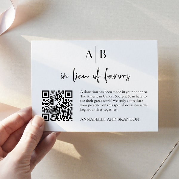 Modern Initials In Lieu of Favors Insert Card with QR Code, Charity Donation, Monogram Enclosure, Charity Favor, Wedding Donation,SN015M_ILQ