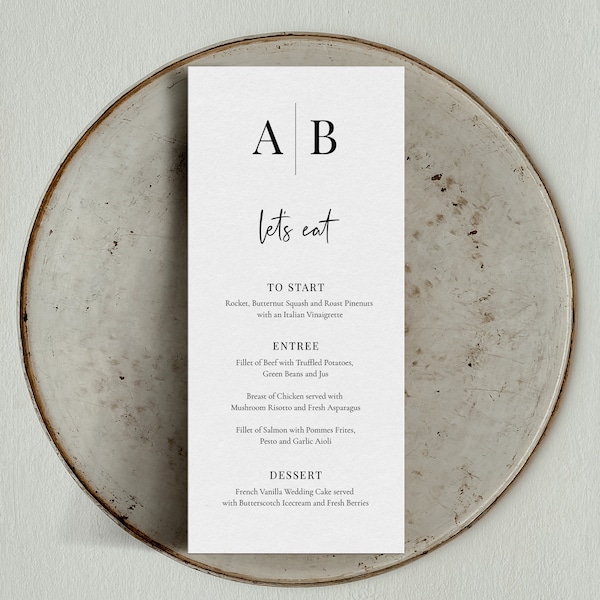 Modern Initials Menu Template Card, Modern Monogram Contemporary Wedding Menu, Stylish Menu Card, Minimalist Calligraphy Menu, SN015M_M