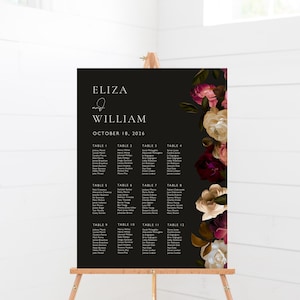 Dunkle Blumen Sitzplan Vorlage, Stimmungsvolles Goth Tischnummer Plan, Dunkles Eleganz Zuteilungs Poster, Dunkles Acadamia Ästhetik Zeichen, SN400_SCA