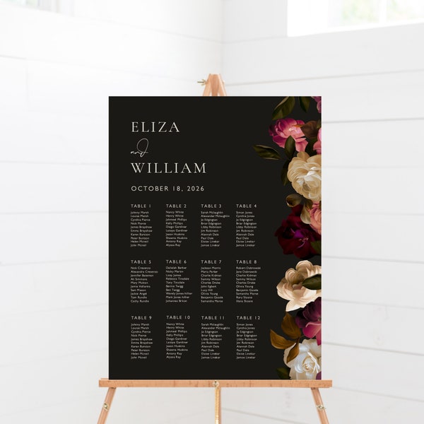 Dark Floral Seating Chart Template, Moody Gothic Table Number Plan, Dark Elegance Allocation Poster, Dark Acadamia Aesthetic Sign, SN400_SCA