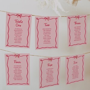 Cartes de table avec noeud papillon, cartes de visite fantaisistes de mariage, modèle de carte ondulée dessinée à la main, cartes de table bricolage coquette noeud rouge rose, SN800_SCT