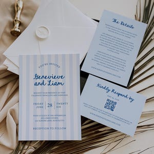 Stripes Invitation Suite, Quirky Hand Written Calligraphy Invite, Details and QR Code RSVP, Preppy Wedding, SN1200_WS
