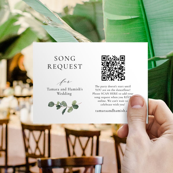 Eucalyptus Song Request Card, Greenery Wedding Song Enclosure, Play My Song QR Code, Music Request, Guest Request via Website, SN014F_SQ