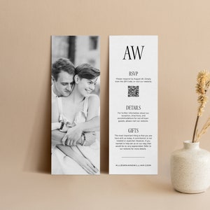Bookmark Style Wedding Insert Card QR Code, 2.5 x 7 Long Insert, Unique Enclosure, Bold Monogram Photobooth Enclosure Card, SN600_INQ