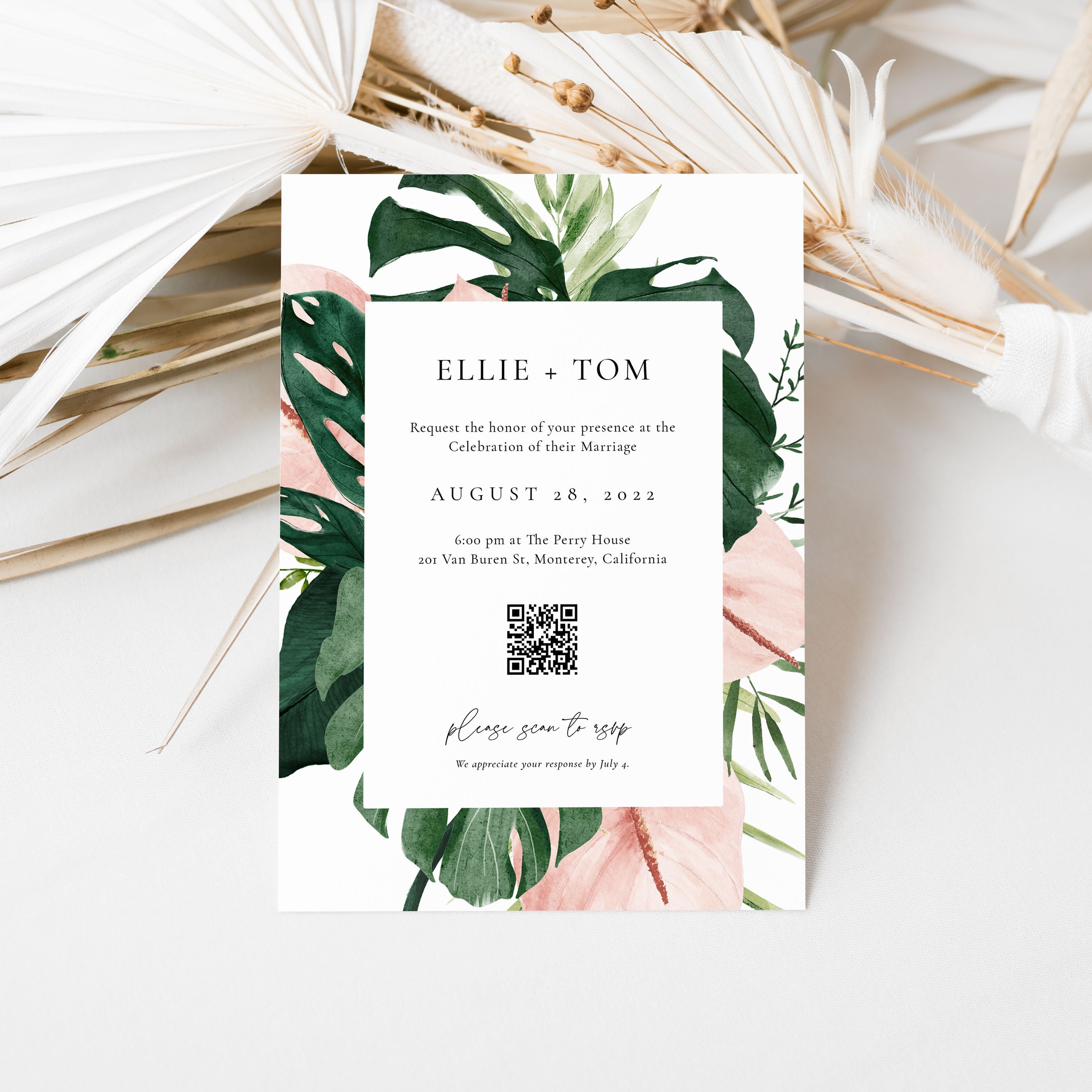 Tropical QR Code Wedding Invitation Digital Rsvp Monstera | Etsy