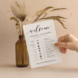 Classic Wedding Events Timeline with Icons, Printable Schedule of the Wedding Weekend Template, Editable Guest Information Card, SN029_TL image 1