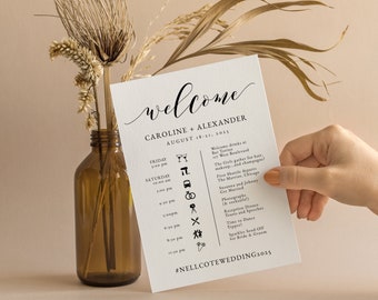 Classic Wedding Events Timeline with Icons, Printable Schedule of the Wedding Weekend Template, Editable Guest Information Card, SN029_TL