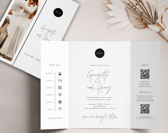Modern Monogram Gatefold Wedding Invitation with QR Code, Minimalist Folded Invitation, Gate-fold with Icons, Simple Gate Fold, SN009_GFQ