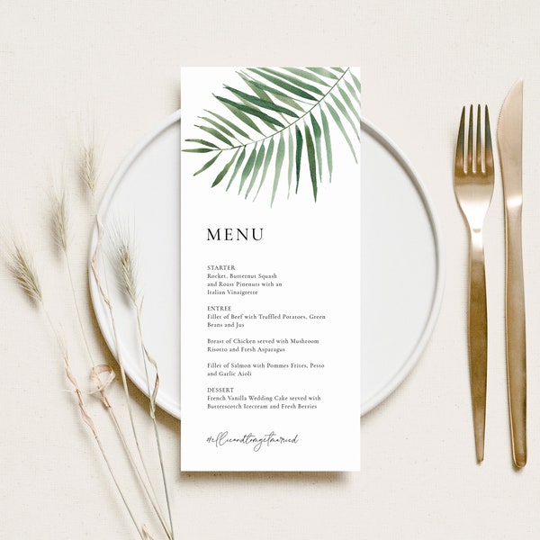 Minimalist Tropical Menu Template Card, Palm Leaves Contemporary Wedding Menu, Stylish Menu, Modern Calligraphy Menu, Beach Wedding,SN090F_M
