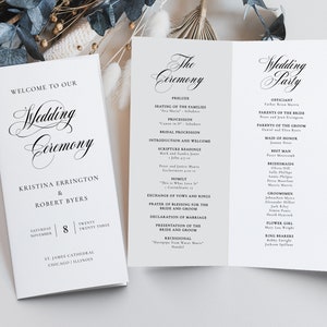 May include: A wedding ceremony programme with a black and white design. The programme includes the names of the bride and groom, Kristina Errington and Robert Byers, the date and location of the ceremony, and a list of the wedding party members.