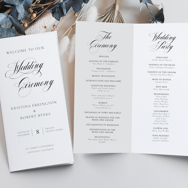 4 x 9 Folded Wedding Program, Classic Calligraphy Bi-Fold Template for Ceremony Program, Long Fold DIY Program, 4 x 9 Folded, SN024_FP