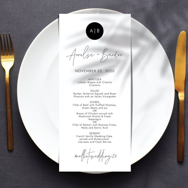 Modern Minimalist Menu - Party Menu, Modern Calligraphy Menu, Editable Script, Modern Monogram, Minimalist Wedding -SN009_M