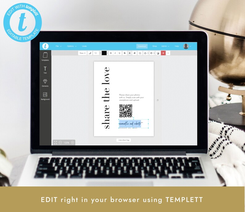 May include: A laptop screen displaying a wedding photo booth sign with a QR code and the text "share the love" and "[couple's names] and [date]" in a blue box. The sign is on a white background. The laptop is open and the screen is showing a website with a menu bar and a toolbar.
