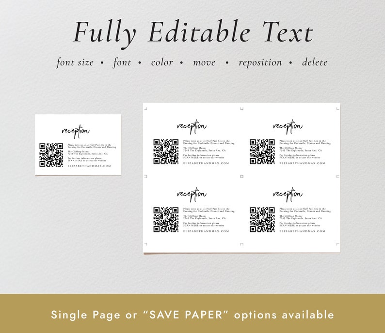 May include: A printable wedding reception card with a black and white design. The card features a QR code, the text "reception", and the words "Please join us at Half Past Six in the Evening for Cocktails, Dinner and Dancing. The Clifton Manor 7301 The Esplanade, Santa Ana, CA 92701. For further information please SCAN HERE or access phone number ELIZABETHHANDMAS.COM."