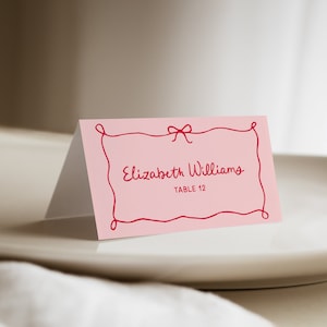Ribbon and Bow Place Card with Meal Icons, Pink Red Wavy Seating Name Cards, Whimsical Table Decor, Wedding Guest Name Cards, SN800_PC