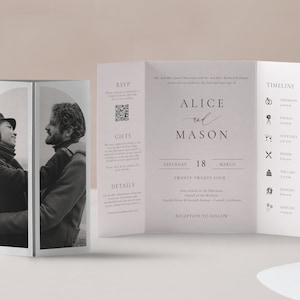 Classic Arch Gatefold Wedding Invitation, QR Code, Elegant Minimalism, Folded Invitation, Gate fold Invite Icons,  Honeymoon Fund, SN105_GFQ