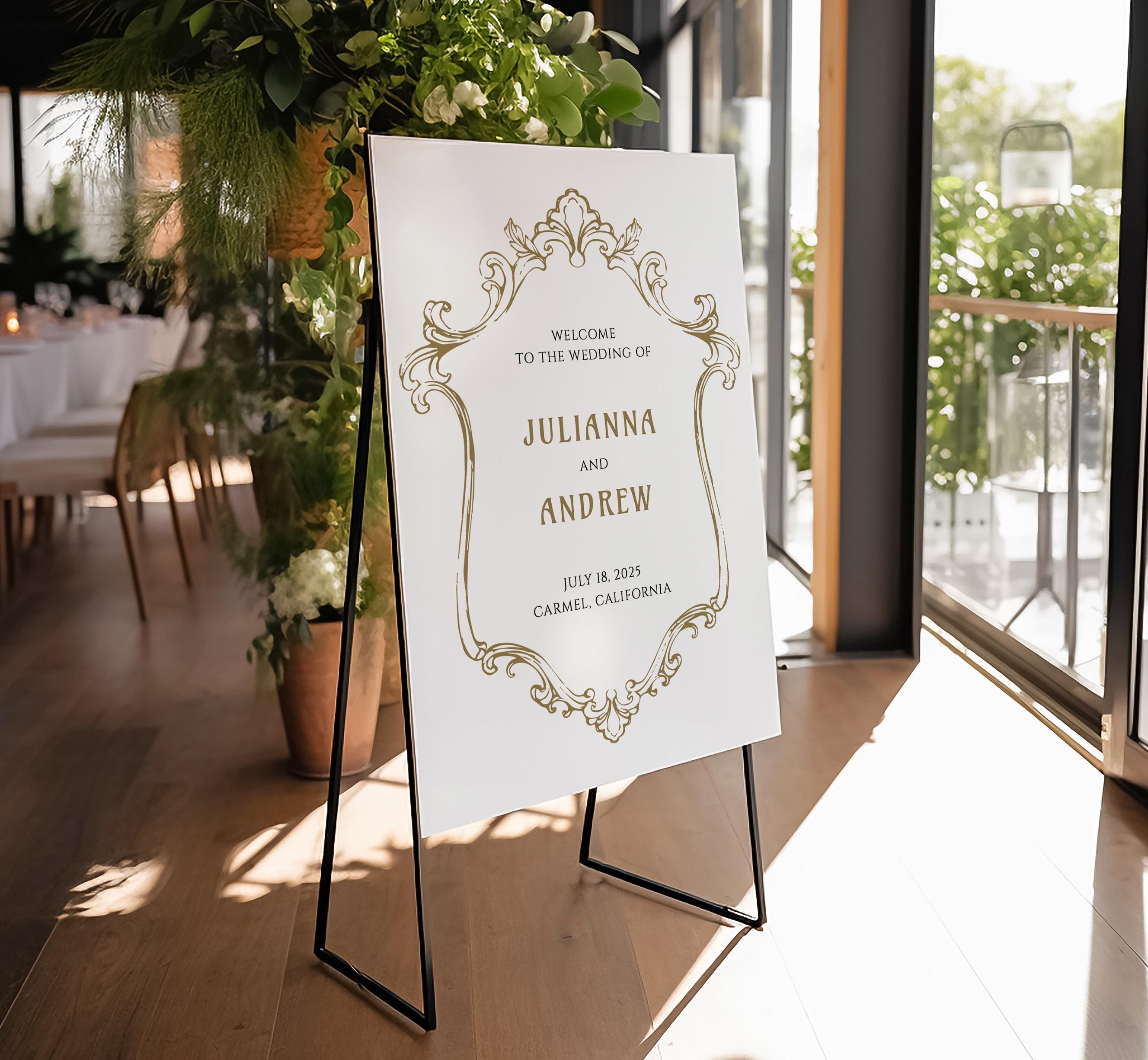 Gold Art Noveau Wedding Welcome Sign, Ornate Baroque Frame Signage