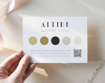 Gatsby Attire Card, QR Code Insert, Art Deco Dress Code Indication Enclosure, Wedding Mood board for Guests, Guest Dress Editable, SN200_AQ