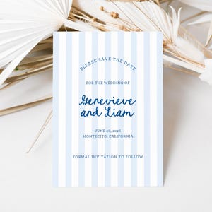 Preppy Stripes  Save the Date Card, Calligraphy Handwritten Style with Wavy Border, Coastal Blues Digital Editable Template, SN1200_STD