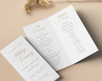 Gold Long Fold Wedding Program, Classic Calligraphy Bi-Fold Template for Ceremony Program, Tea Fold DIY Program, 4 x 9 Folded, SN024_FP