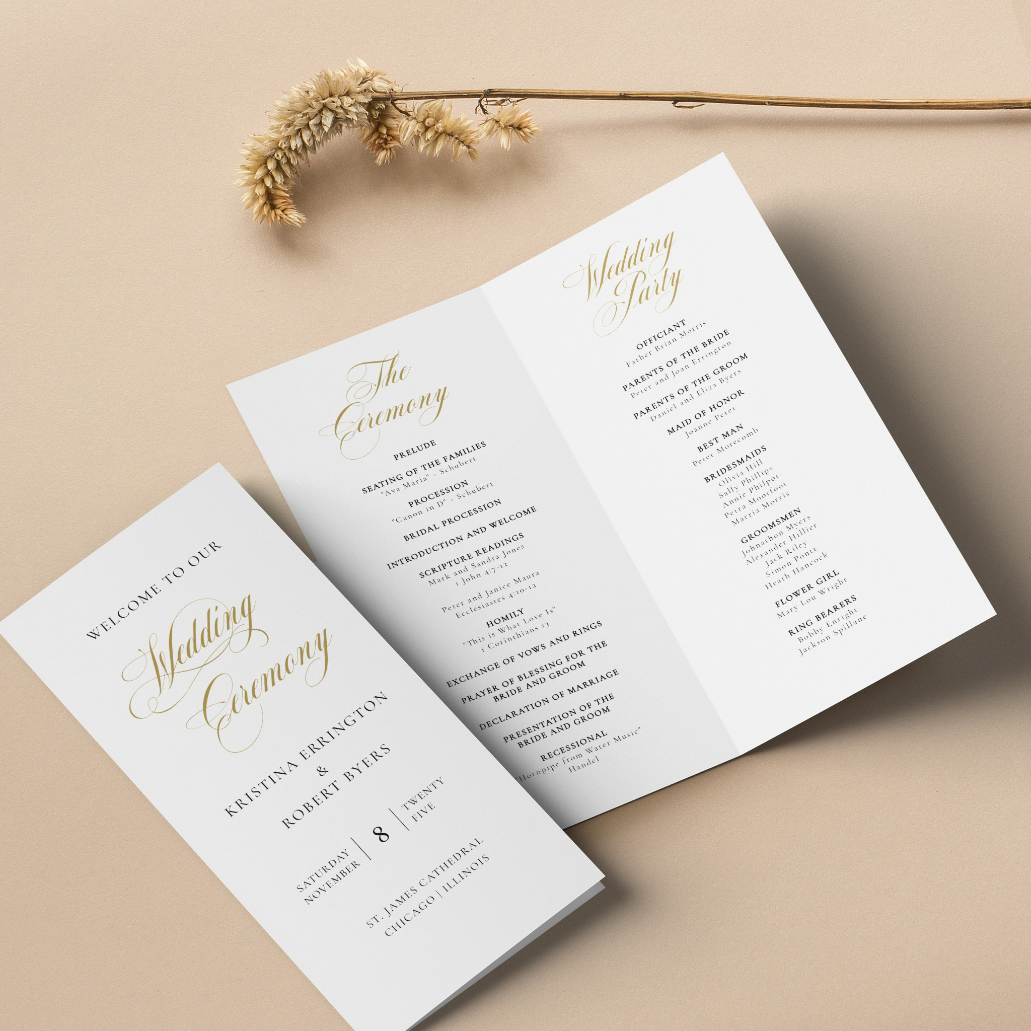 Gold Long Fold Wedding Program, Classic Calligraphy Bi-fold Template ...