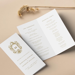 Programa de boda con escudo vintage, plantilla de monograma dorado con pliegues largos para programa de ceremonia, horario de iglesia plegado estilo rococó, bricolaje, SN1050G_FP