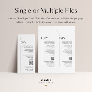 May include: Printable "I Spy" game cards with a black and white design. The cards feature a list of items to find at a wedding reception, including a photo of the couple, the best dancer, and a silly selfie. The cards also include a QR code.