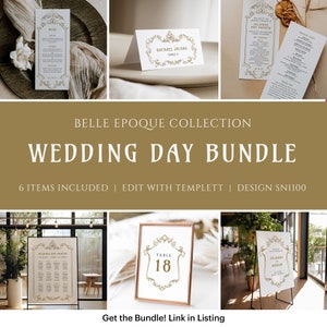 K&ouml;nnte beinhalten: Ein Hochzeits-Bundle mit 6 druckbaren Vorlagen im Belle-&Eacute;poque-Stil. Die Vorlagen beinhalten ein Men&uuml;, eine Tischnummer, einen Sitzplan und ein Programm f&uuml;r die Hochzeitszeremonie. Die Vorlagen sind editierbar und k&ouml;nnen mit Ihrem eigenen Text und Ihren eigenen Farben angepasst werden.