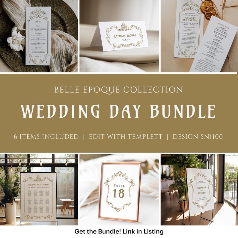 K&ouml;nnte beinhalten: Ein Hochzeits-Bundle mit 6 druckbaren Vorlagen im Belle-&Eacute;poque-Stil. Die Vorlagen beinhalten ein Men&uuml;, eine Tischnummer, einen Sitzplan und ein Programm f&uuml;r die Hochzeitszeremonie. Die Vorlagen sind editierbar und k&ouml;nnen mit Ihrem eigenen Text und Ihren eigenen Farben angepasst werden.