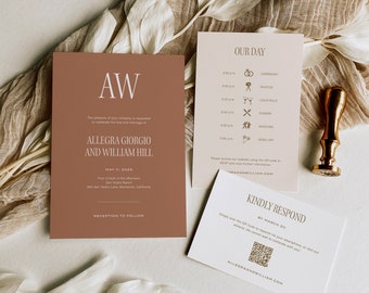 Terracotta Wedding Invitation Suite, Bold Monogram Wedding Invite Set with QR Code, Rustic Boho Invitation Set Instant Download, SN600_WIQRS