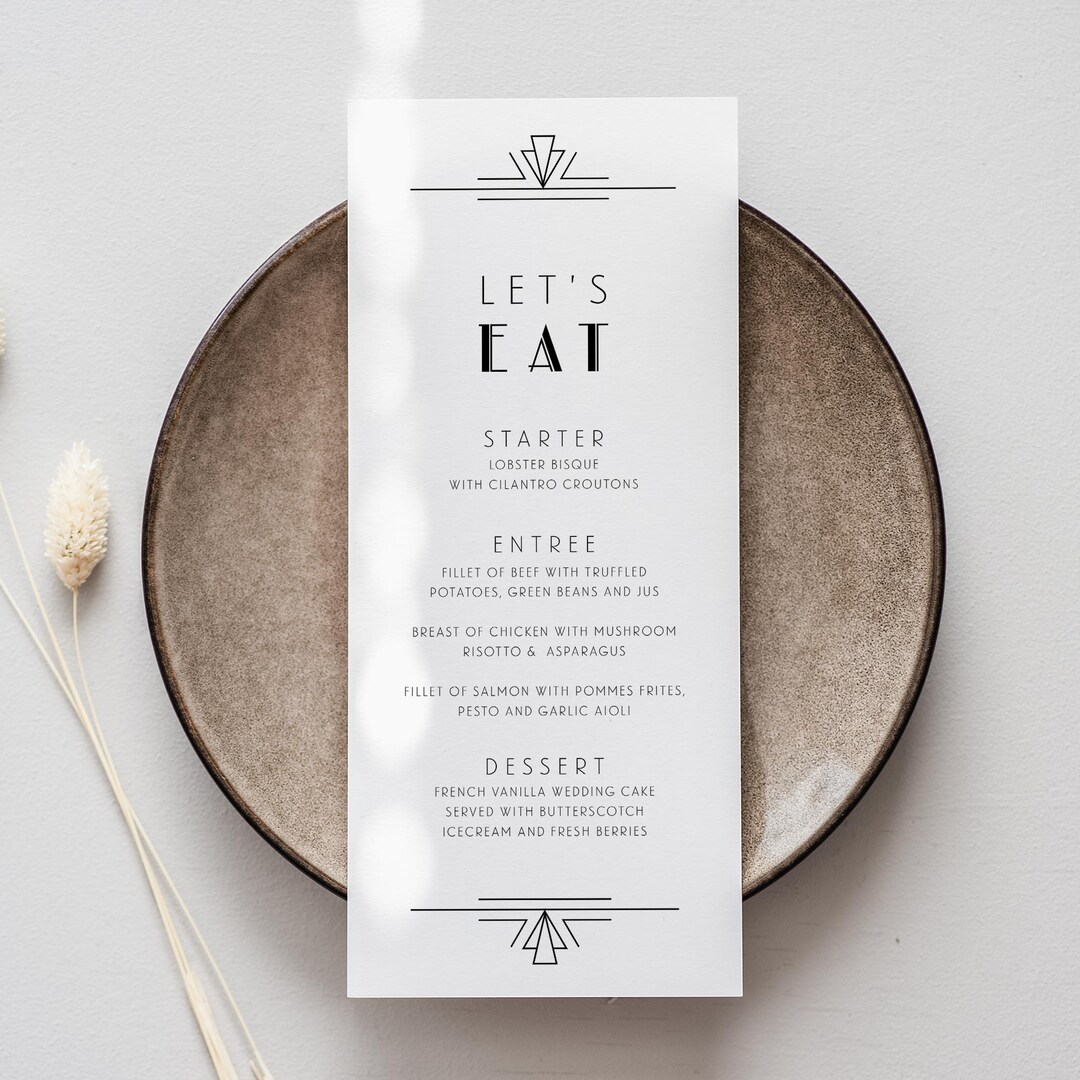 1920s Art Deco Menu Template, Great Gatsby Wedding Menu, Art Deco Menu ...