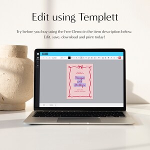 May include: A pink and red wedding invitation template with a bow at the top and the text "Welcome to the wedding of Margot and Phillipe" in a purple font. The text "May 17, 2023 Monterey, California" is also included.