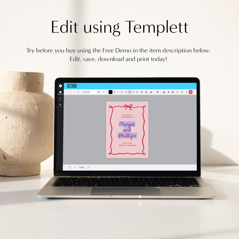 May include: A pink and red wedding invitation template with a bow at the top and the text "Welcome to the wedding of Margot and Phillipe" in a purple font. The text "May 17, 2023 Monterey, California" is also included.