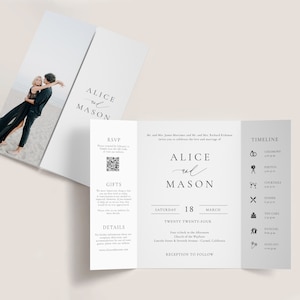 Classic Gatefold Wedding Invitation with QR Code, Elegant Minimalism, Folded Invitation, Gate fold Invite Icons,  Honeymoon Fund, SN105_GFQ