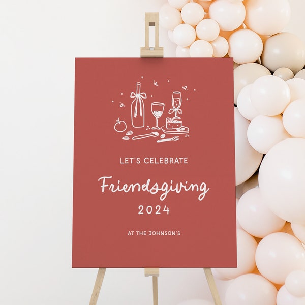 Quirky Friendsgiving Welcome Sign, Burnt Orange Holiday Signage, Illustrated Guest Welcome, Trendy Autumn Foliage Thanksgiving, SN801T_WS