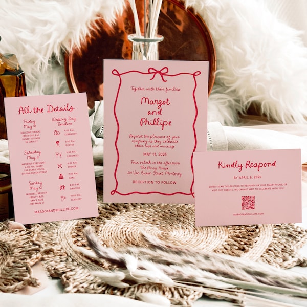 Whimsical Bow Wedding Invitation Suite, Wavy Red and Pink Handwritten Details and QR Code RSVP, Retro Set with a Ribbon Border, SN800_WS