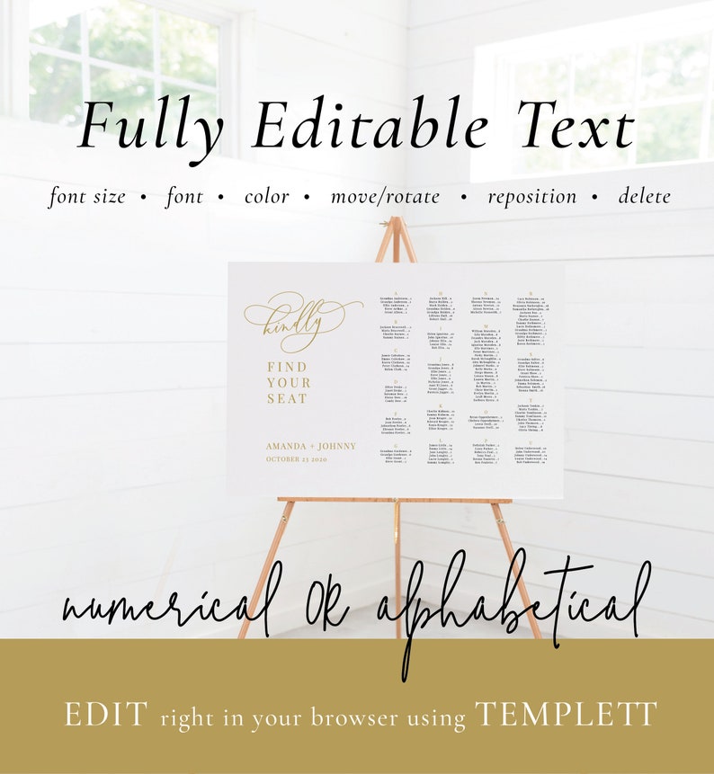 Gold Calligraphy Wedding Seating Chart Gold Calligraphy Table Plan Alphabetical Seating Sign Seating Chart Template-SN021/_SCG