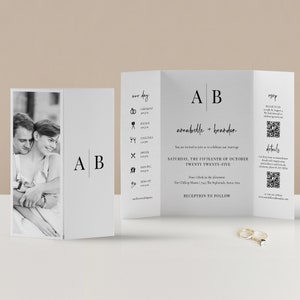 Gatefold Modern Initials Wedding Invitation with QR Code, Minimalist Folded Invitation, Gate-fold with Icons, Monogram Gate Fold, SN015M_GFQ