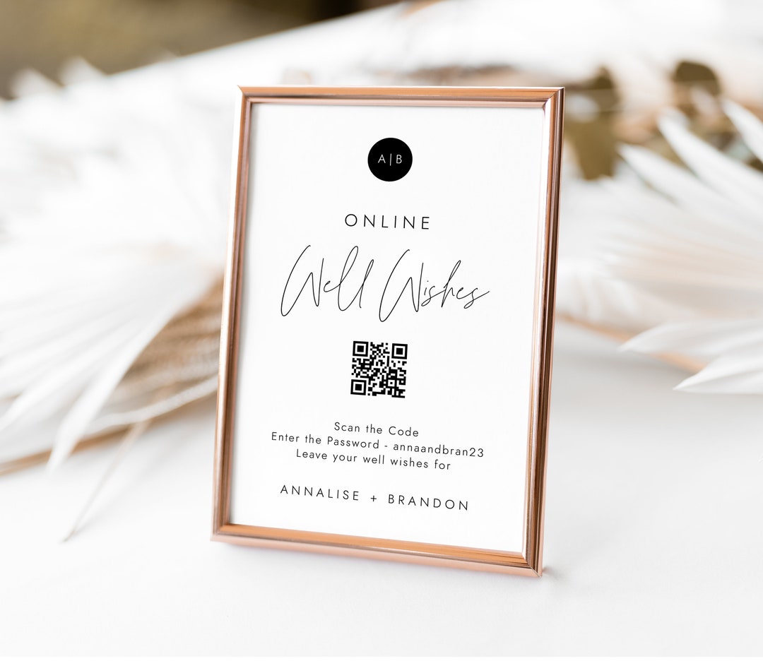 Modern Monogram Online Well Wishes Sign, QR Code Guest Book, QR Photo Sign,  Online Guest Book, Minimalist Guest Book Template, SN009_QG
