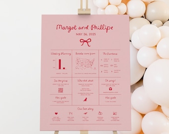 Bow Infographic Wedding Sign, Unique Whimsical Welcome, Fun Signage with Icons, Wedding Trivia Sign, Coquette Bow Our Love Story, SN800_IS