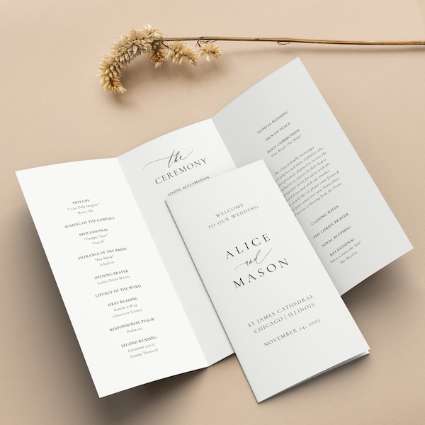 Tri Fold Wedding Program, Classic Minimalist Trifold, Jewish Program, Catholic Wedding Program, Simple Folded Program,  SN105_TP