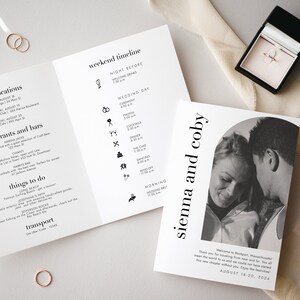 May include: A black and white wedding invitation with a photo of a couple embracing. The invitation includes the couple's names, "sienna and coby", the wedding date, "August 18-20, 2024", and a welcome message to Rockport, Massachusetts. The invitation also includes a wedding timeline with details about the ceremony, photos, cocktails, dinner, dancing, and a send-off.