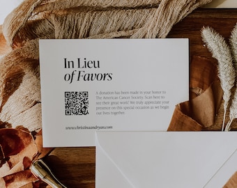 In Lieu of Favors QR Code Card, Ultra Minimalist Charity Donation Card with QR Code Template, Charity Favor, Wedding Donation, SN500_ILQR